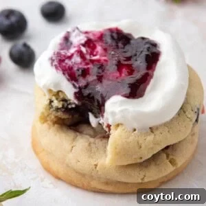 Berries and Cream Cookies stacked on top of each other with whipped cream and berries.