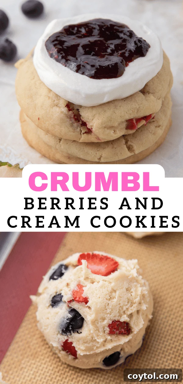 Another aesthetic shot of Crumbl Berries and Cream Cookies for Pinterest, perfect for recipe saving.