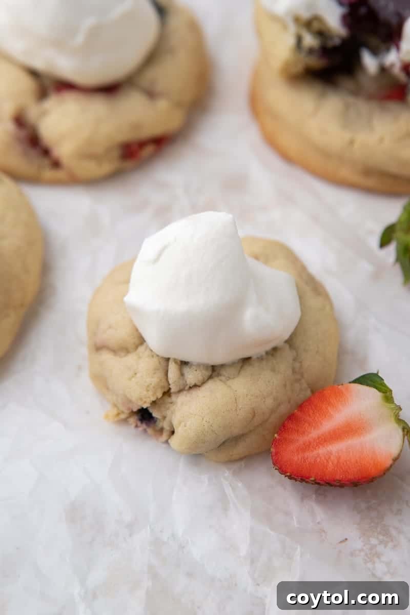 A Berries and Cream cookie being frosted with a dollop of white whipped cream on a cooling rack.