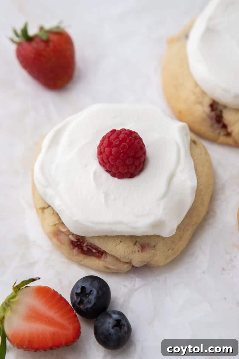 A beautifully frosted Berries and Cream cookie topped with whipped cream and a fresh raspberry, ready for serving.