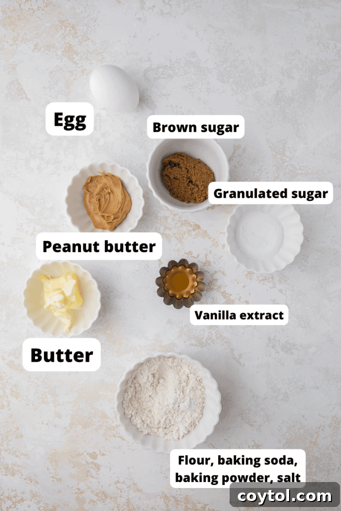 Ingredients for a single serving peanut butter cookie laid out neatly