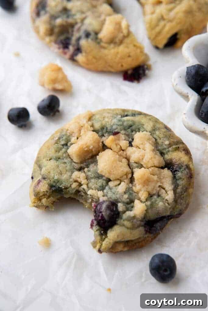 Blueberry Muffin Cookie Bliss: Crumbl-Style with Streusel 12 Small blueberry cookie with a bite taken out of it