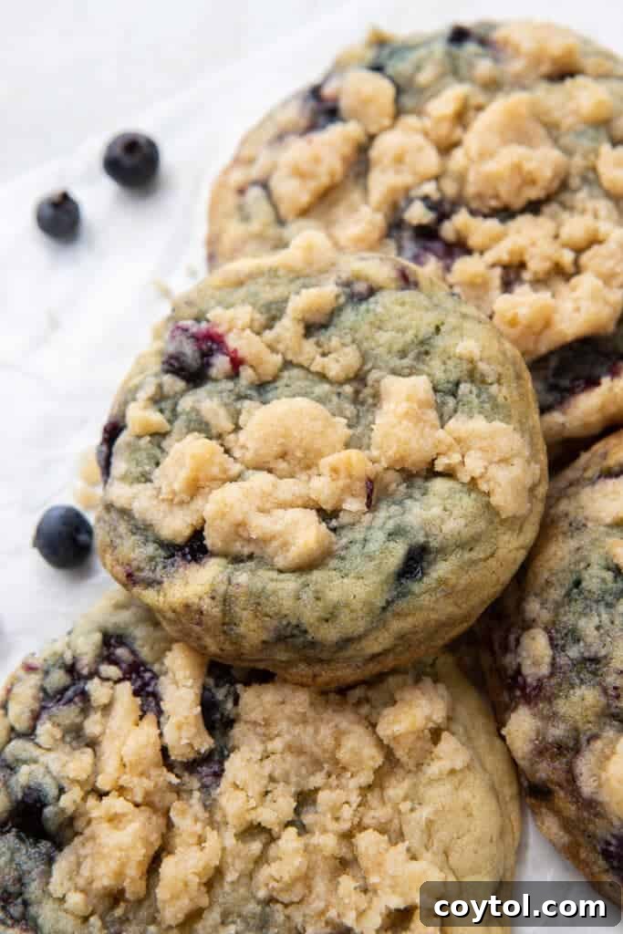 Blueberry Muffin Cookie Bliss: Crumbl-Style with Streusel 13 Stack of streusel blueberry muffin cookies