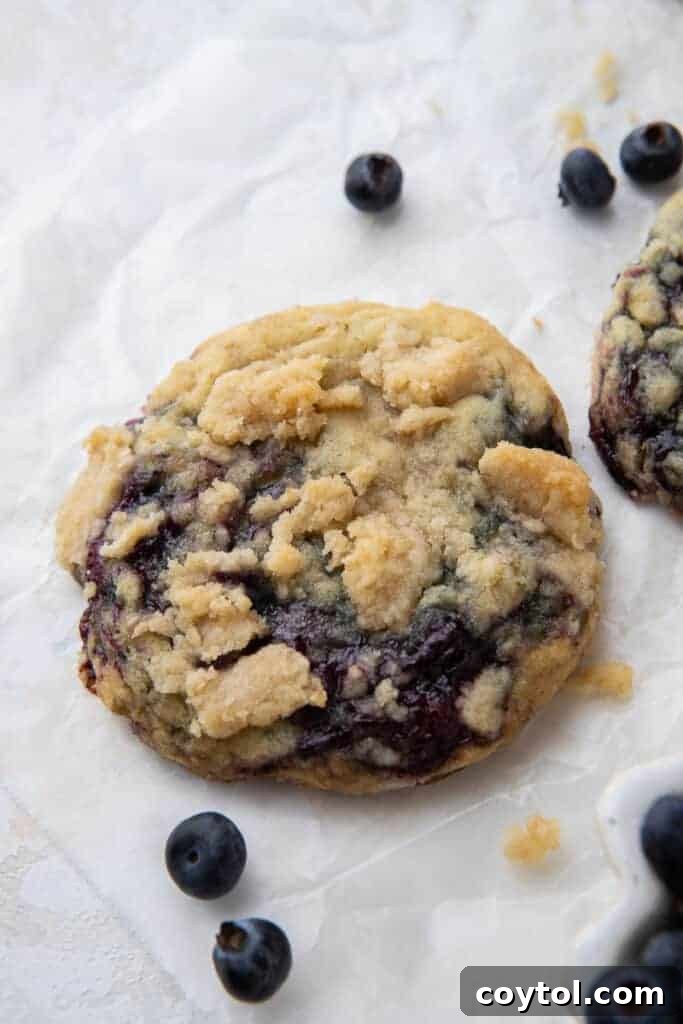 Blueberry Muffin Cookie Bliss: Crumbl-Style with Streusel 3 Close-up of a blueberry muffin cookie with streusel, a Crumbl copycat recipe