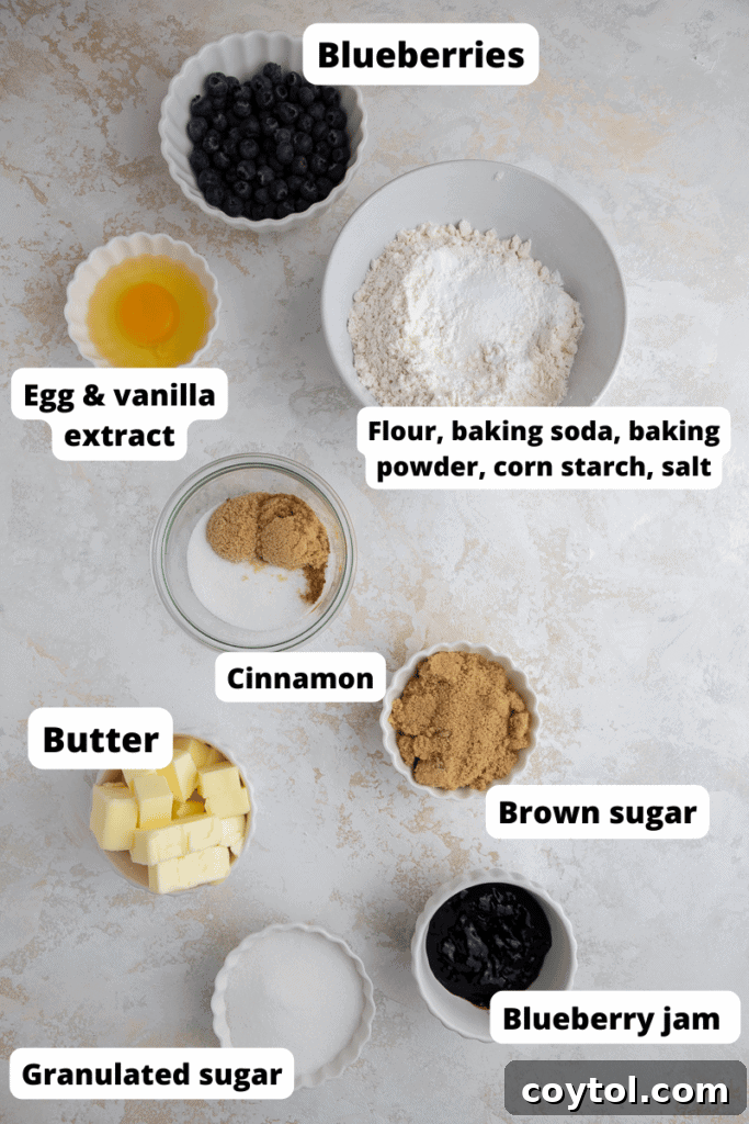 Blueberry Muffin Cookie Bliss: Crumbl-Style with Streusel 4 Ingredients laid out for making blueberry muffin cookies