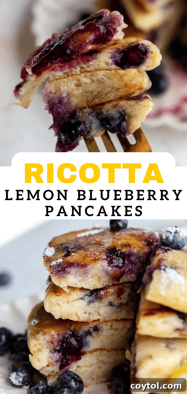 Blueberry lemon ricotta pancakes on a rustic wooden board