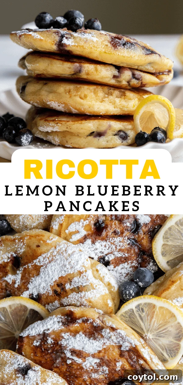 Blueberry lemon ricotta pancakes close up with a fork