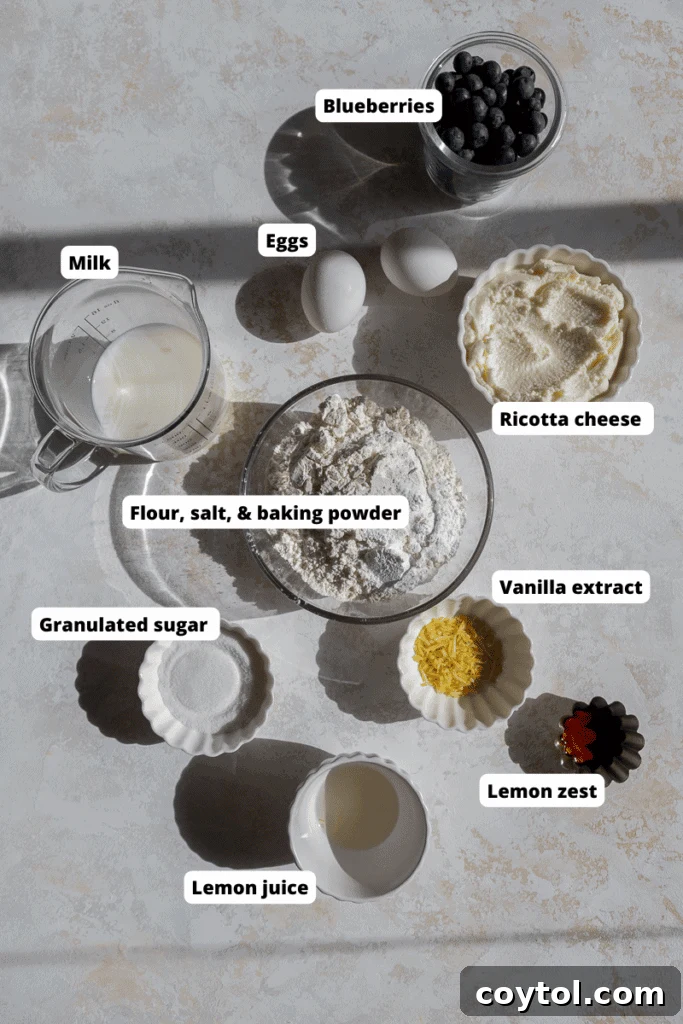 Assortment of fresh ingredients for lemon blueberry ricotta pancakes