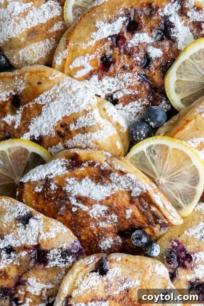 Close up view of cooked blueberry ricotta pancakes