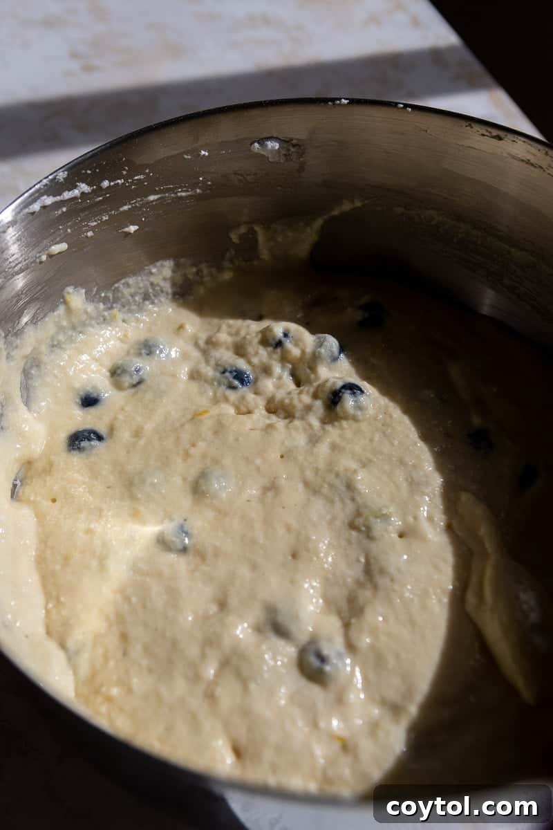 Pancake mixture with blueberries folded in