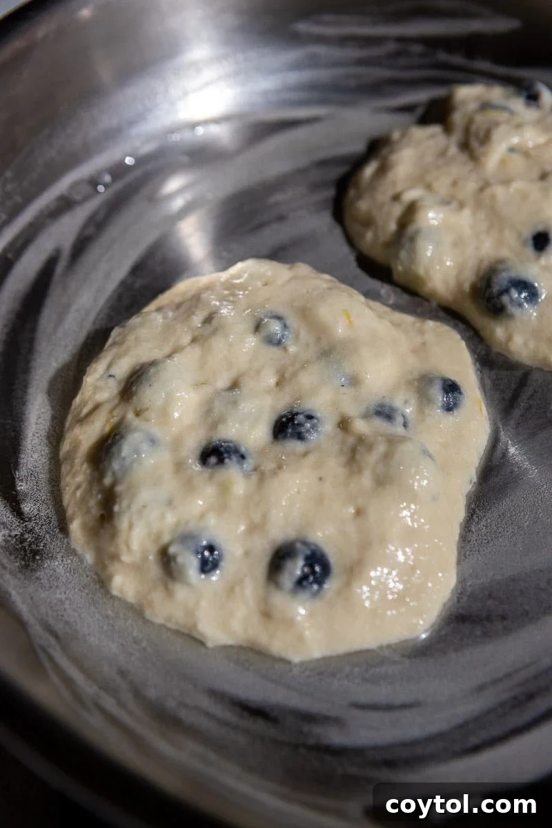 Blueberry pancakes cooking on a stove