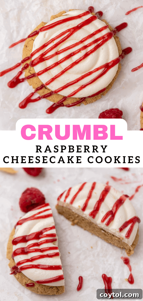 Irresistible Crumbl Raspberry Cheesecake Cookies 15 Pinterest pin showing a stack of Raspberry Cheesecake Cookies