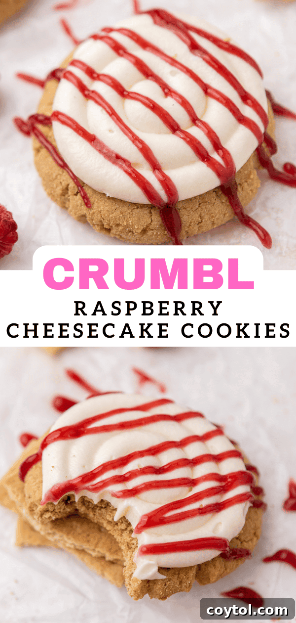 Irresistible Crumbl Raspberry Cheesecake Cookies 16 Pinterest pin featuring Raspberry Cheesecake Cookies with ingredients