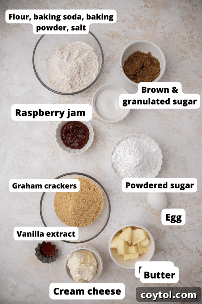 Irresistible Crumbl Raspberry Cheesecake Cookies 4 All ingredients for making Crumbl Raspberry Cheesecake Cookies laid out