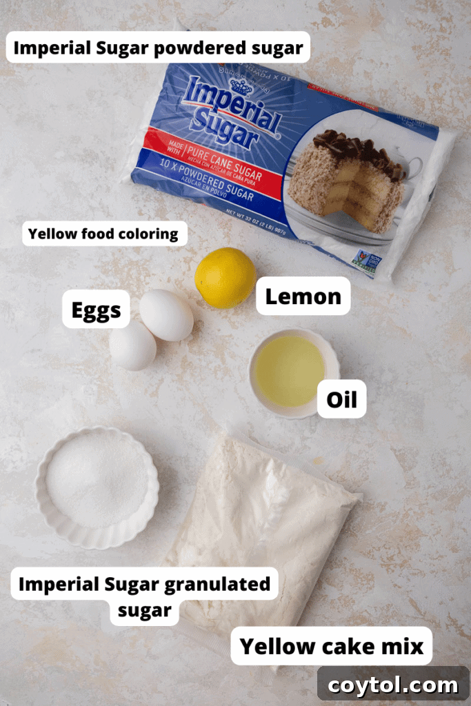 Ingredients for Crumbl lemon crinkle cookies laid out on a table