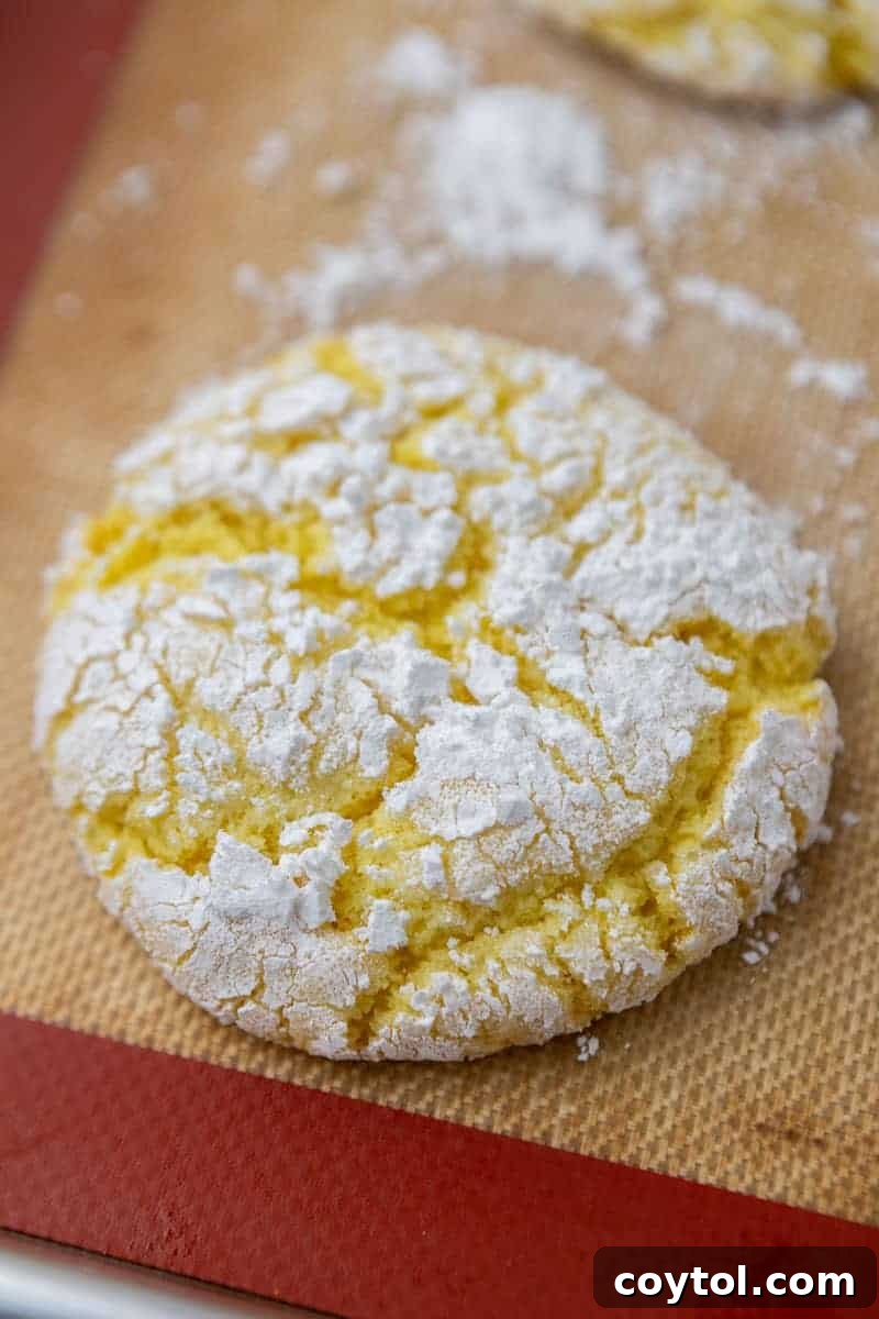 Lemon crinkle cookies on a baking sheet before baking