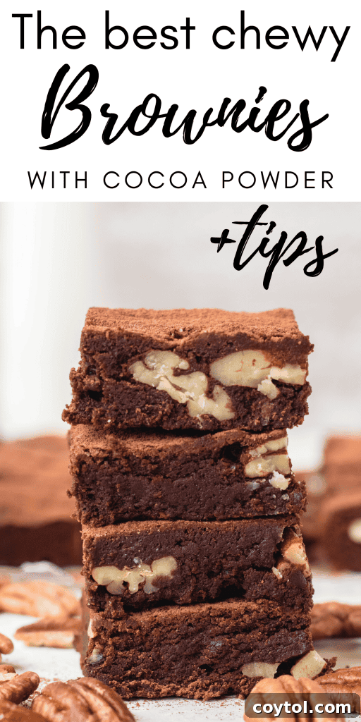 Collage of chewy brownies with cocoa powder