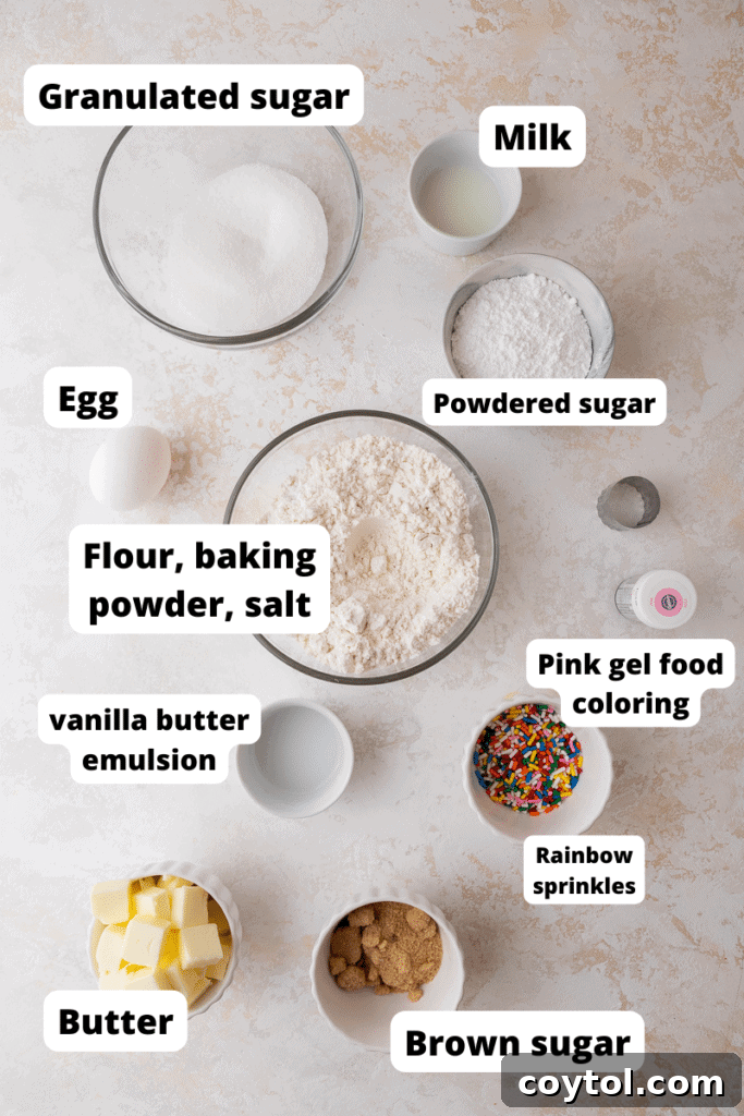 A flat lay image of all ingredients required for making Crumbl Pink Donut Cookies
