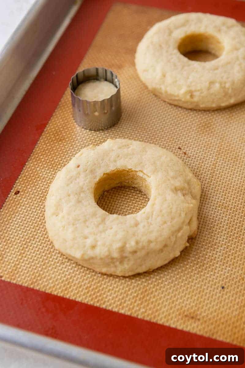 Freshly cut donut shaped sugar cookies on a cooling rack