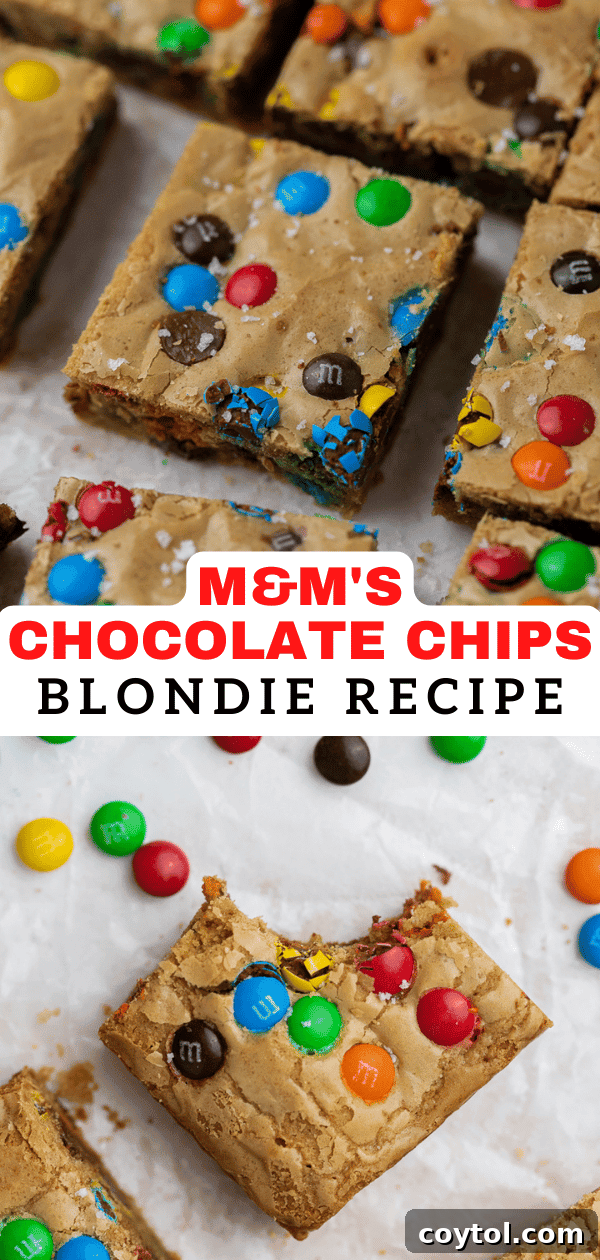 Chewy M&M Chocolate Chip Blondie Bars 12 Pinterest pin image of Chocolate Chip M&M Blondies, a perfect dessert for sharing
