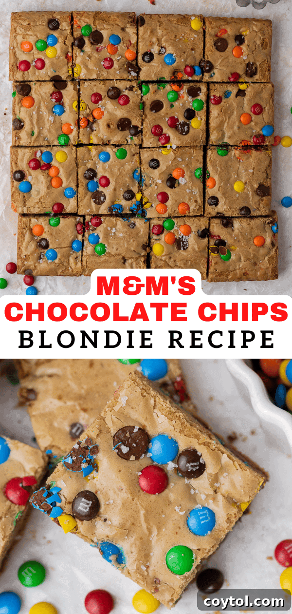 Chewy M&M Chocolate Chip Blondie Bars 13 Vertical Pinterest pin featuring chewy Chocolate Chip M&M Blondies, ideal for easy baking