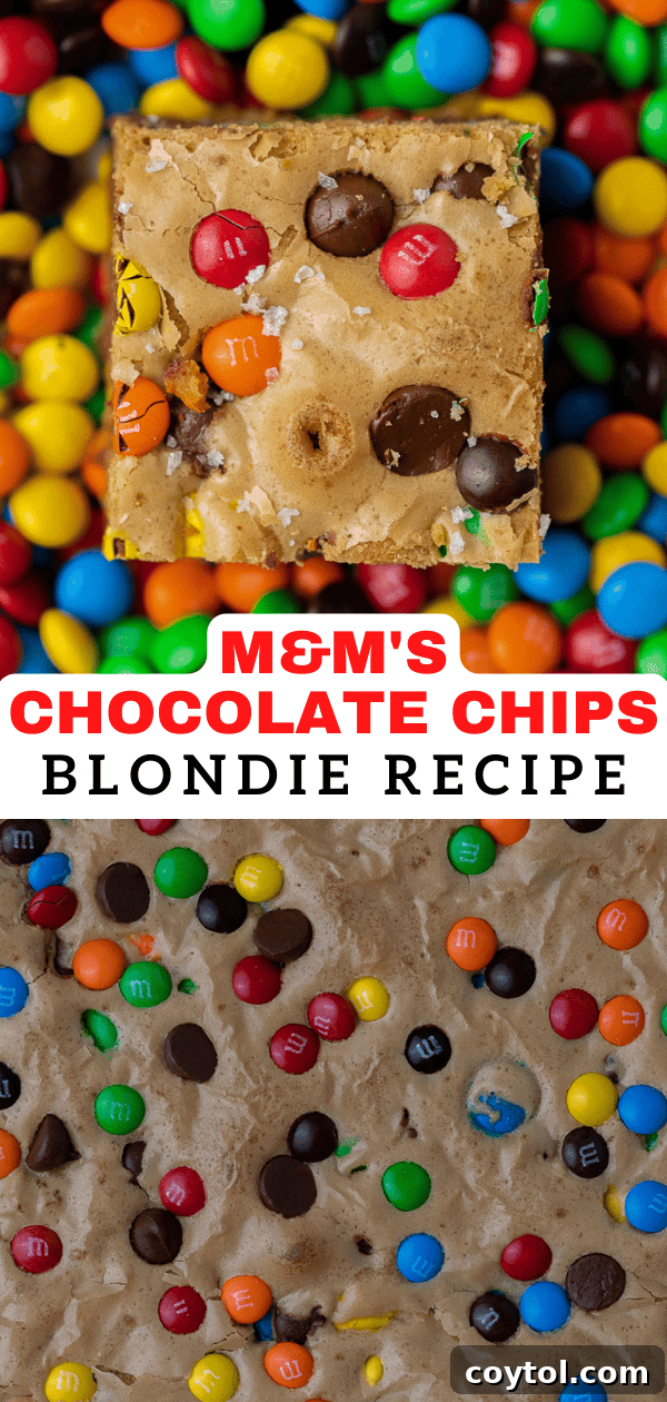 Chewy M&M Chocolate Chip Blondie Bars 14 Pinterest graphic of colorful Chocolate Chip M&M Blondies, highlighting their simplicity and deliciousness