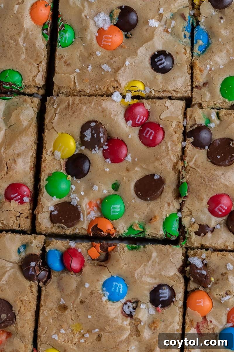 Chewy M&M Chocolate Chip Blondie Bars 8 Baked and cooled chewy M&M blondies in a baking pan, showing a rich, golden-brown color