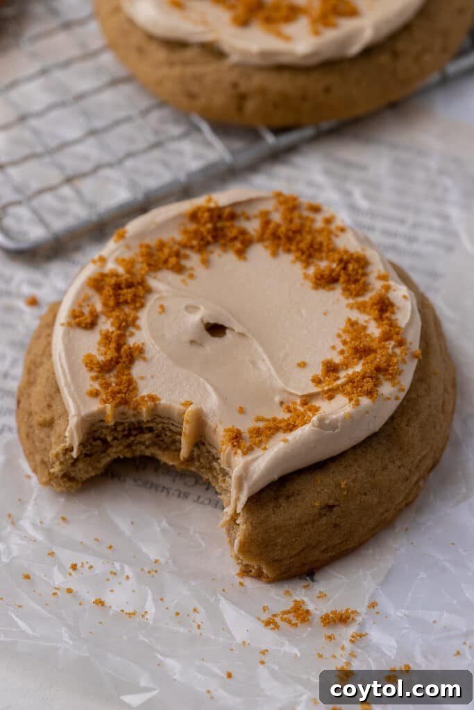 Crumbl's Chilled Cookie Butter Ice Cream Cookies 11 A cookie butter cookie with a bite taken out, showing the soft interior and thick frosting.