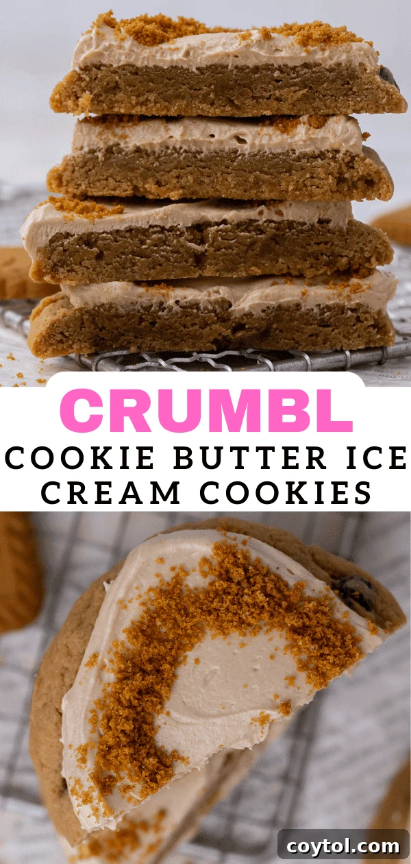 Crumbl's Chilled Cookie Butter Ice Cream Cookies 15 Beautifully frosted Crumbl cookie butter ice cream cookies on a white background, perfect for Pinterest.