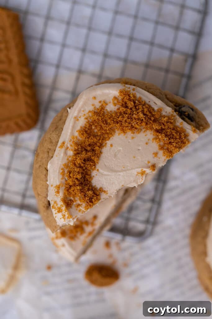 Crumbl's Chilled Cookie Butter Ice Cream Cookies 3 A Crumbl cookie butter cookie cut in half, revealing its soft interior and generous layer of cookie butter frosting.
