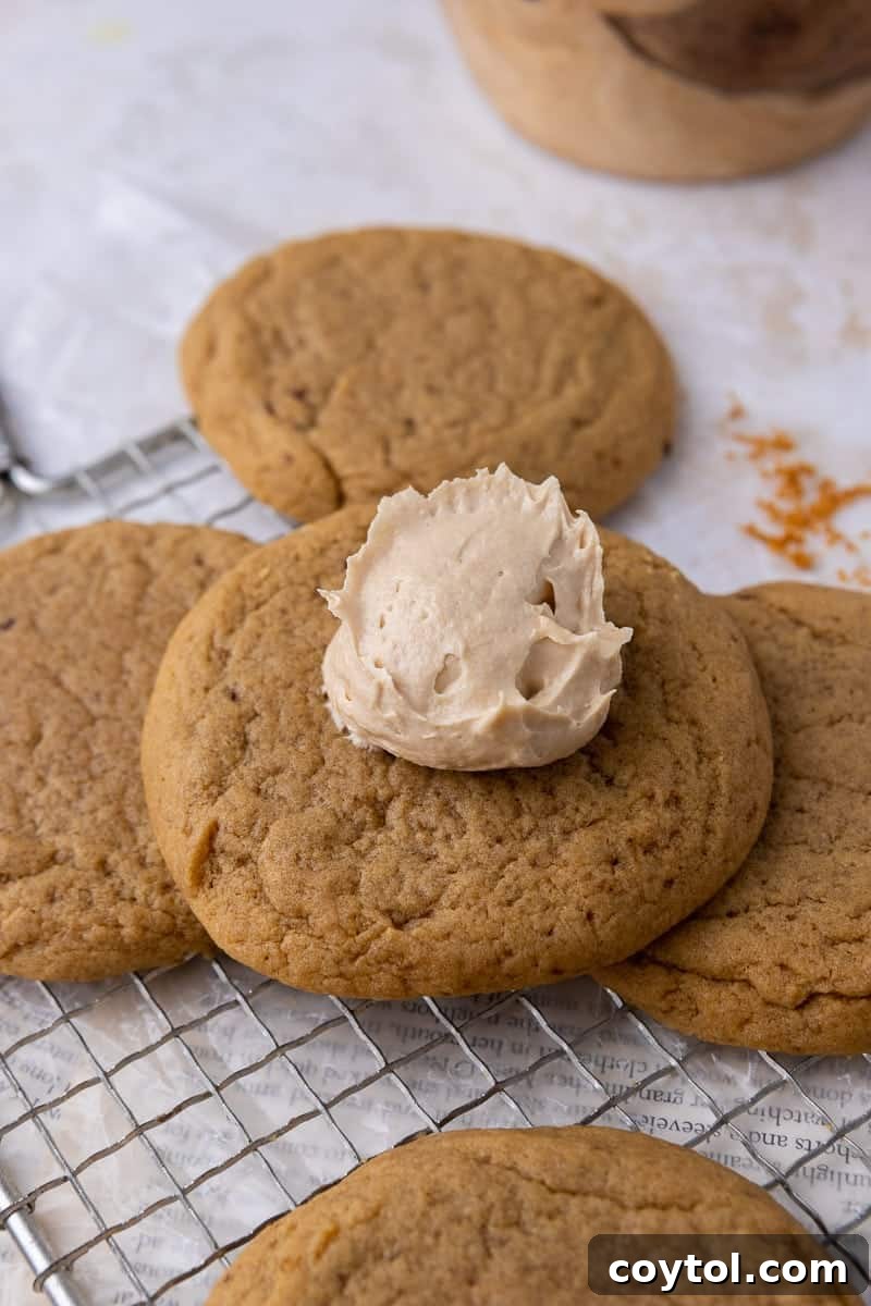 Crumbl's Chilled Cookie Butter Ice Cream Cookies 9 A brown sugar cookie with a dollop of cookie butter buttercream on top.