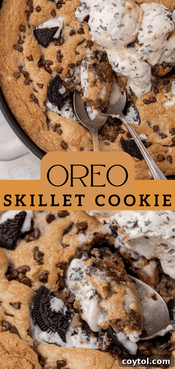 Simple Skillet Oreo Cookies and Cream Pizookie 13 A beautifully golden-brown cookies and cream skillet cookie, perfect for pinning on Pinterest.