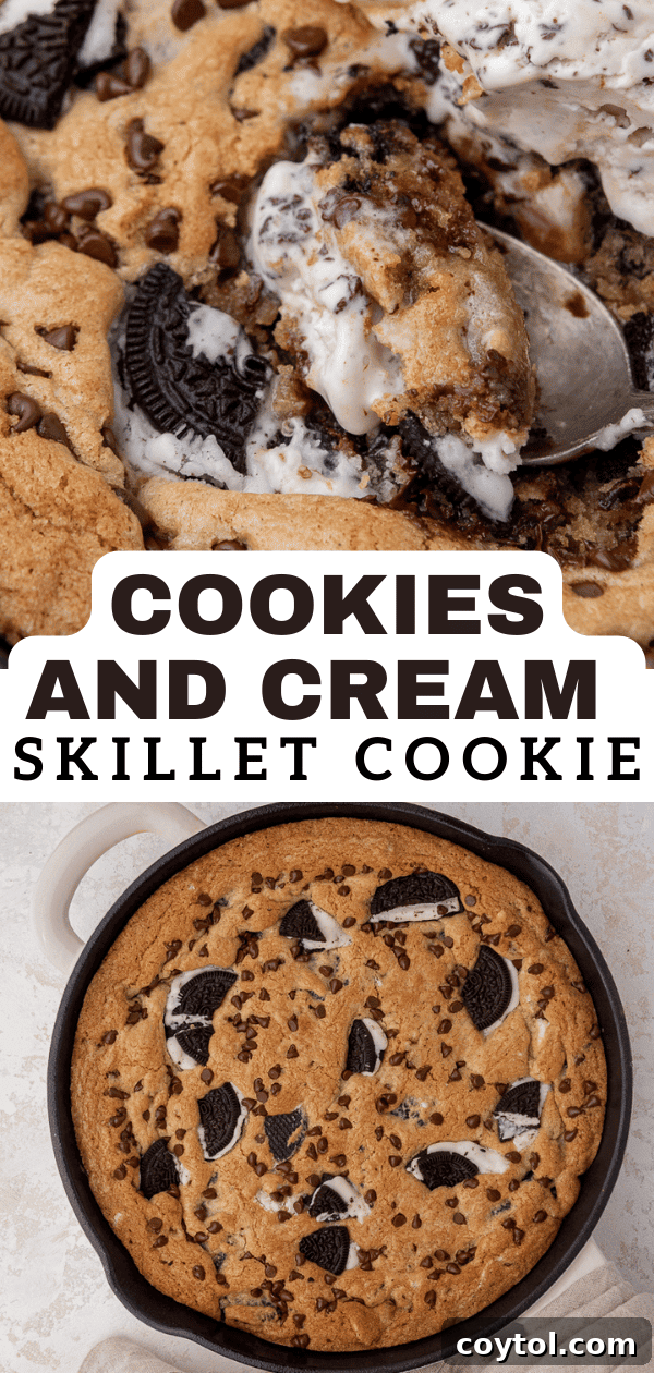 Simple Skillet Oreo Cookies and Cream Pizookie 14 Appetizing image of a cookies and cream skillet cookie, ideal for sharing on social media.