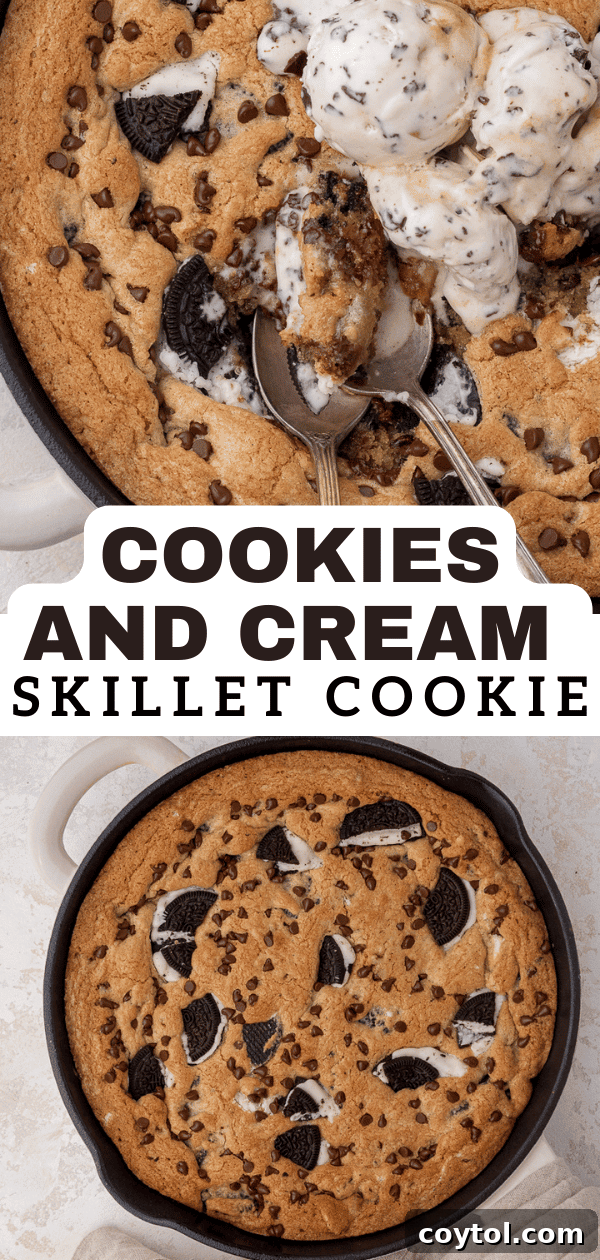 Simple Skillet Oreo Cookies and Cream Pizookie 15 Close-up shot of a baked cookies and cream skillet cookie, highlighting its delicious texture.