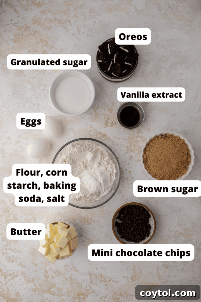 Simple Skillet Oreo Cookies and Cream Pizookie 3 Ingredients for making a cookies and cream skillet cookie laid out on a white surface.