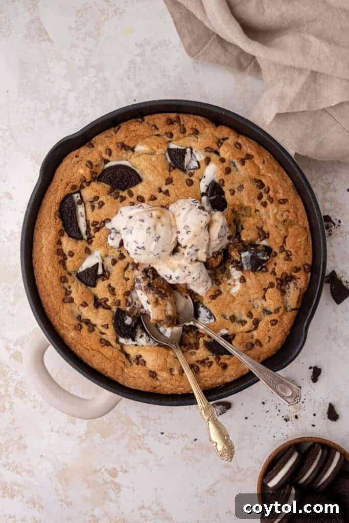 Simple Skillet Oreo Cookies and Cream Pizookie 10 A glorious cookies and cream skillet cookie with vanilla ice cream and an extra sprinkle of crushed Oreos.