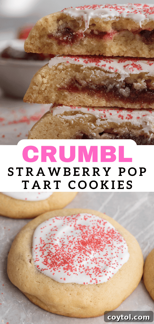 Close-up of a perfectly glazed Crumbl Strawberry Pop Tart Cookie for social sharing