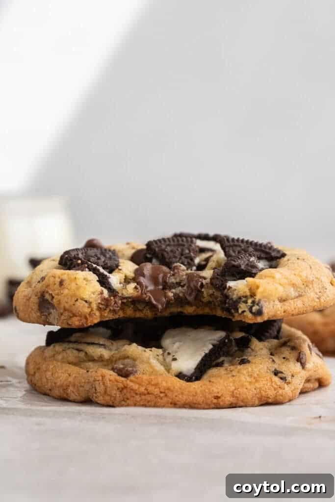 Stack of chewy oreo chocolate chip cookies