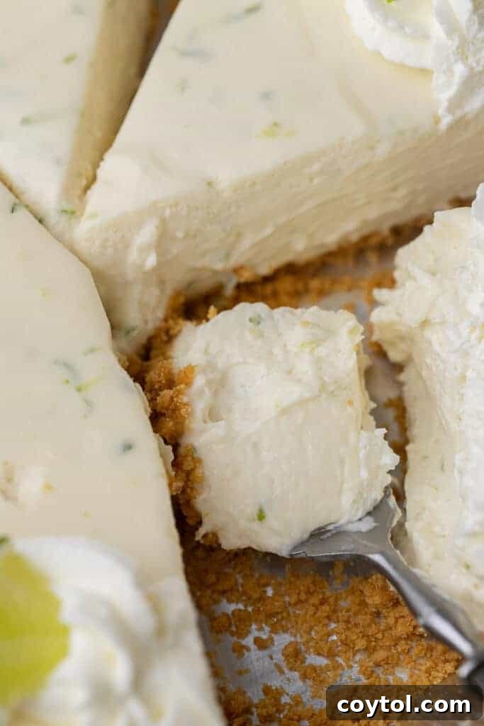 Close up of a forkful of key lime pie with whipped cream