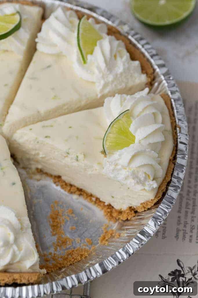 Slice of no bake key lime pie in a pie plate, showcasing the full dessert.