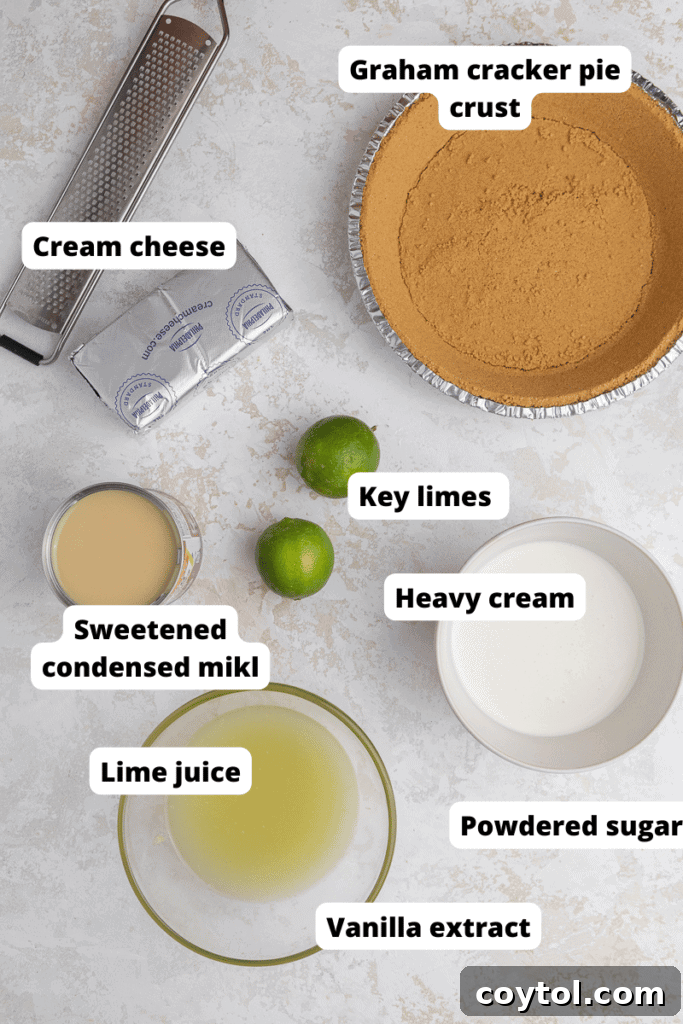 All ingredients for no-bake key lime pie laid out on a table