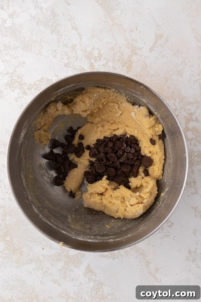 The Ultimate Single Serve Chocolate Chip Cookie Recipe 6 Cookie dough with chocolate chips in a bowl
