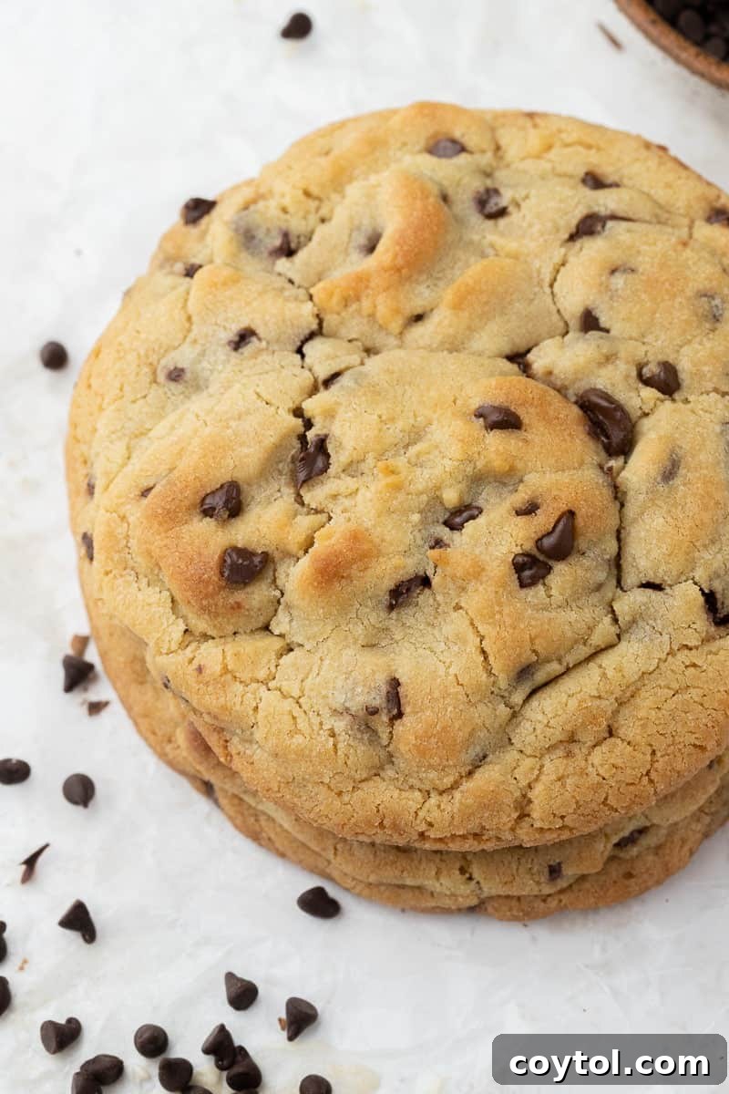 The Ultimate Single Serve Chocolate Chip Cookie Recipe 9 A single serve chocolate chip cookie on a baking sheet, fresh from the oven