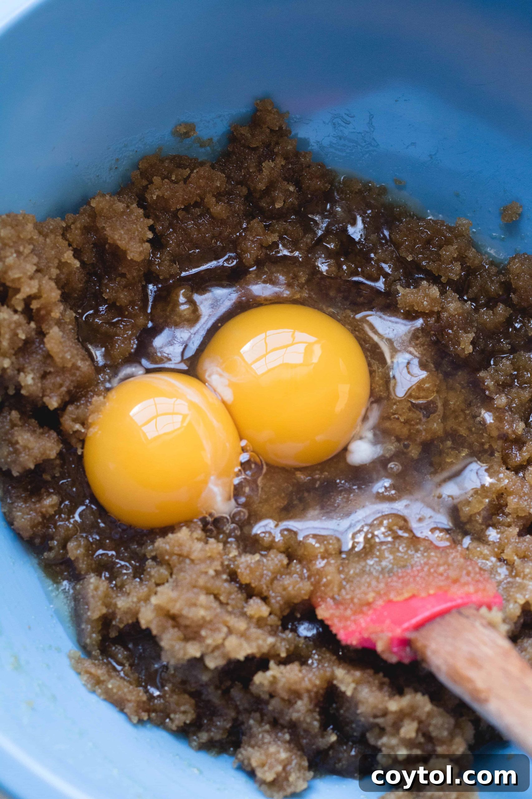 Mixing brown sugar with cooled brown butter and eggs in a bowl, showing a smooth, well-combined mixture.