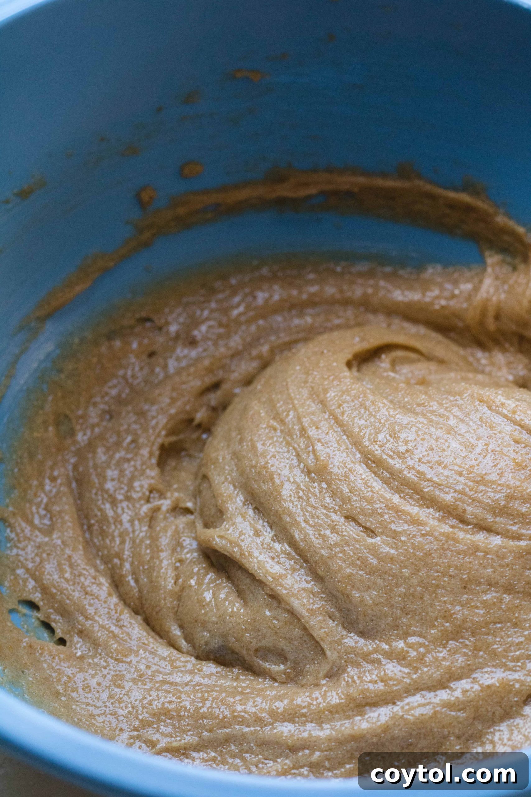 The perfectly mixed brown butter blondie batter, showing its glossy and cohesive texture before adding dry ingredients.
