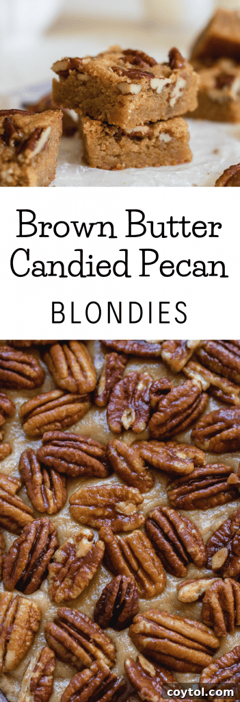 Brown butter candied pecan blondie recipe graphic for Pinterest.