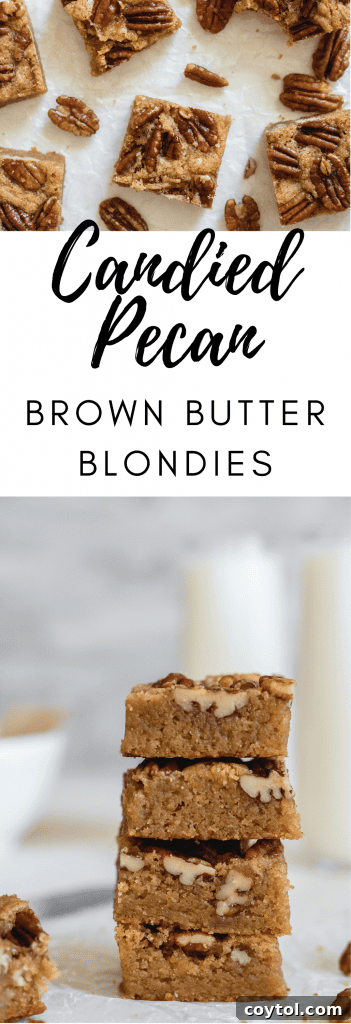 Delicious brown butter blondies recipe graphic for sharing on social media.