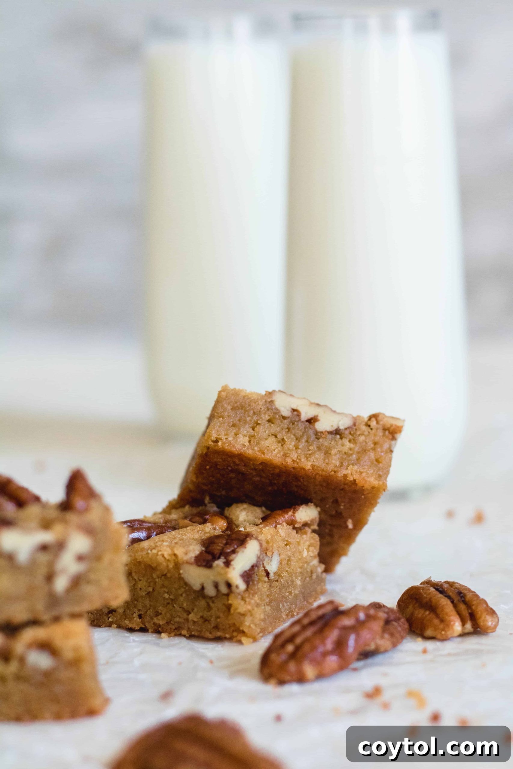 Super chewy brown butter blondies, highlighting the dense and rich texture of the dessert bars.