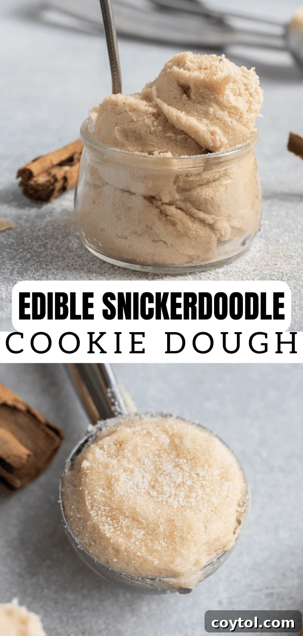 Edible snickerdoodle cookie dough on a spoon