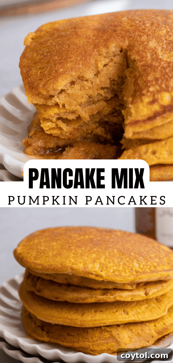 Pinterest graphic: Fluffy pumpkin pancakes made with pancake mix, a perfect easy fall breakfast.